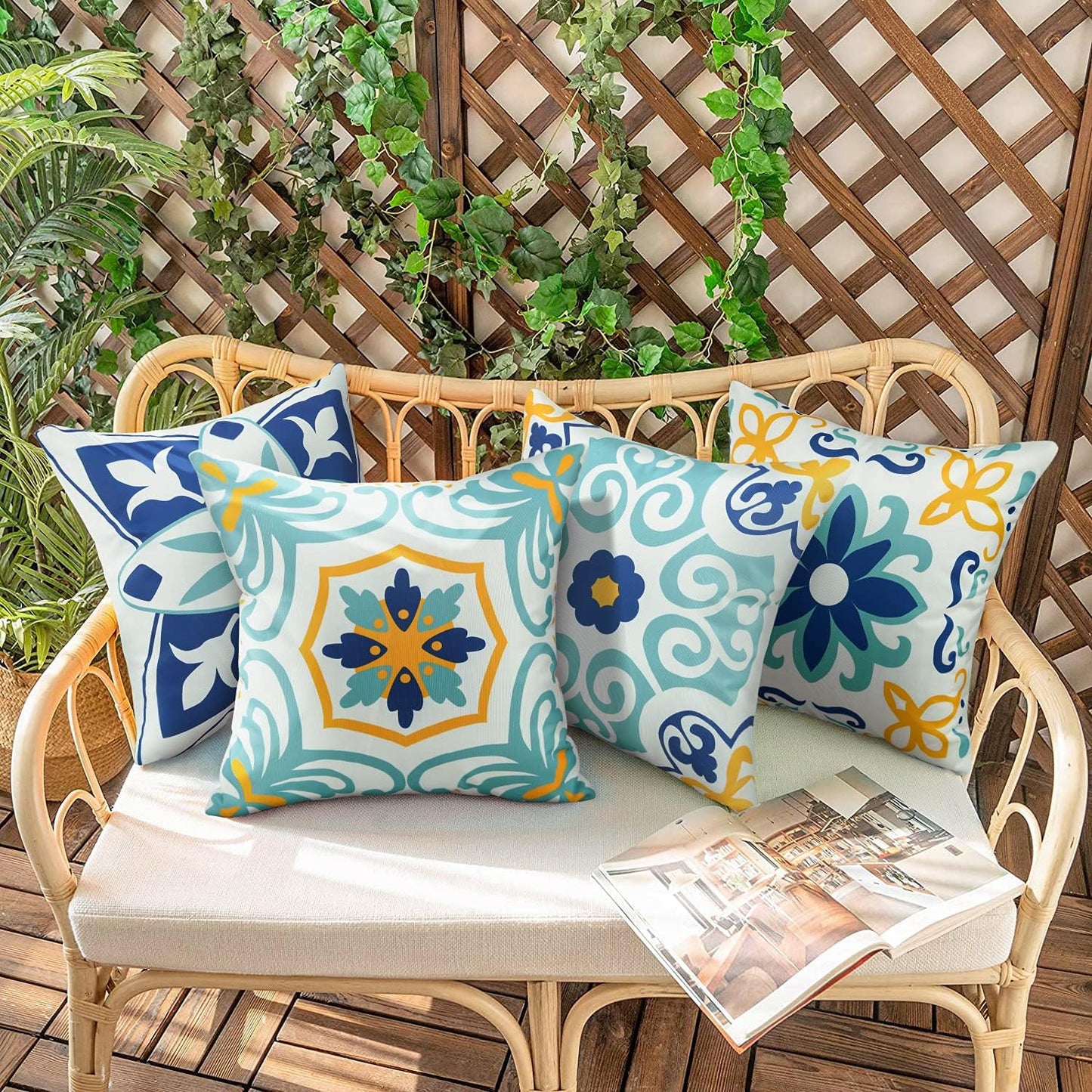 Pyonic Outdoor Waterproof Throw Pillow Covers - Set of 4 Floral Boho Design for Patio Furniture | 18x18 Inch Blue