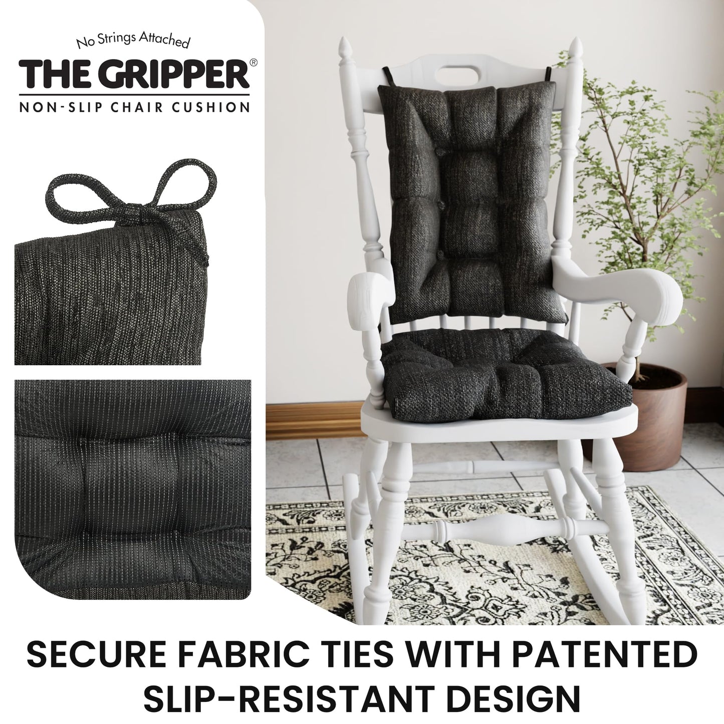 Klear Vu The Gripper Non-Slip Rocking Chair Cushion Set with Thick Padding, Includes Seat Pad & Back Pillow with Ties for Indoor Living Room Rocker, 17x17 Inches, 2 Piece Set, Black