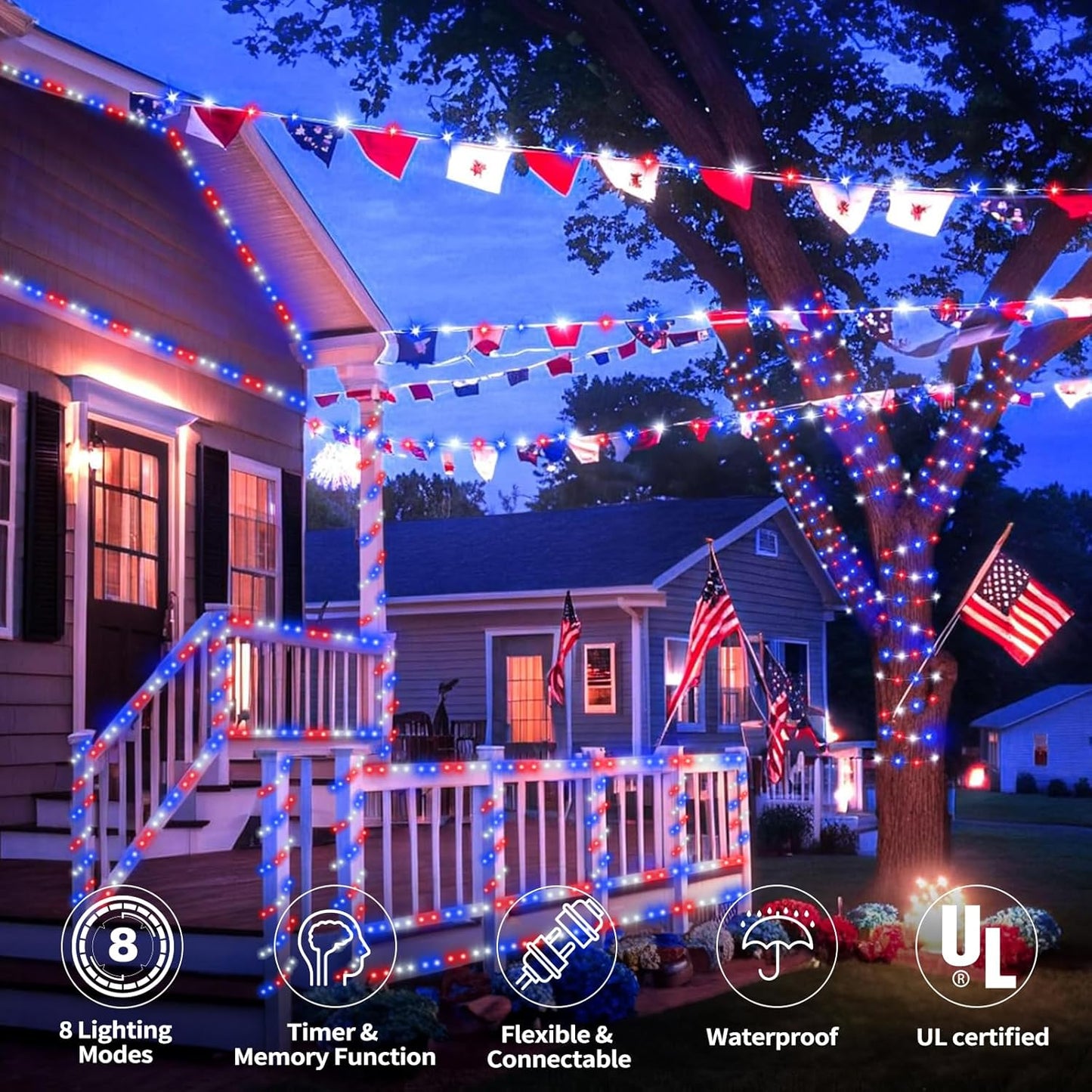 Skiennix 100ft LED Rope Lights - Waterproof, Connectable & Flexible Tube Lights | 8 Modes, Red, White & Blue