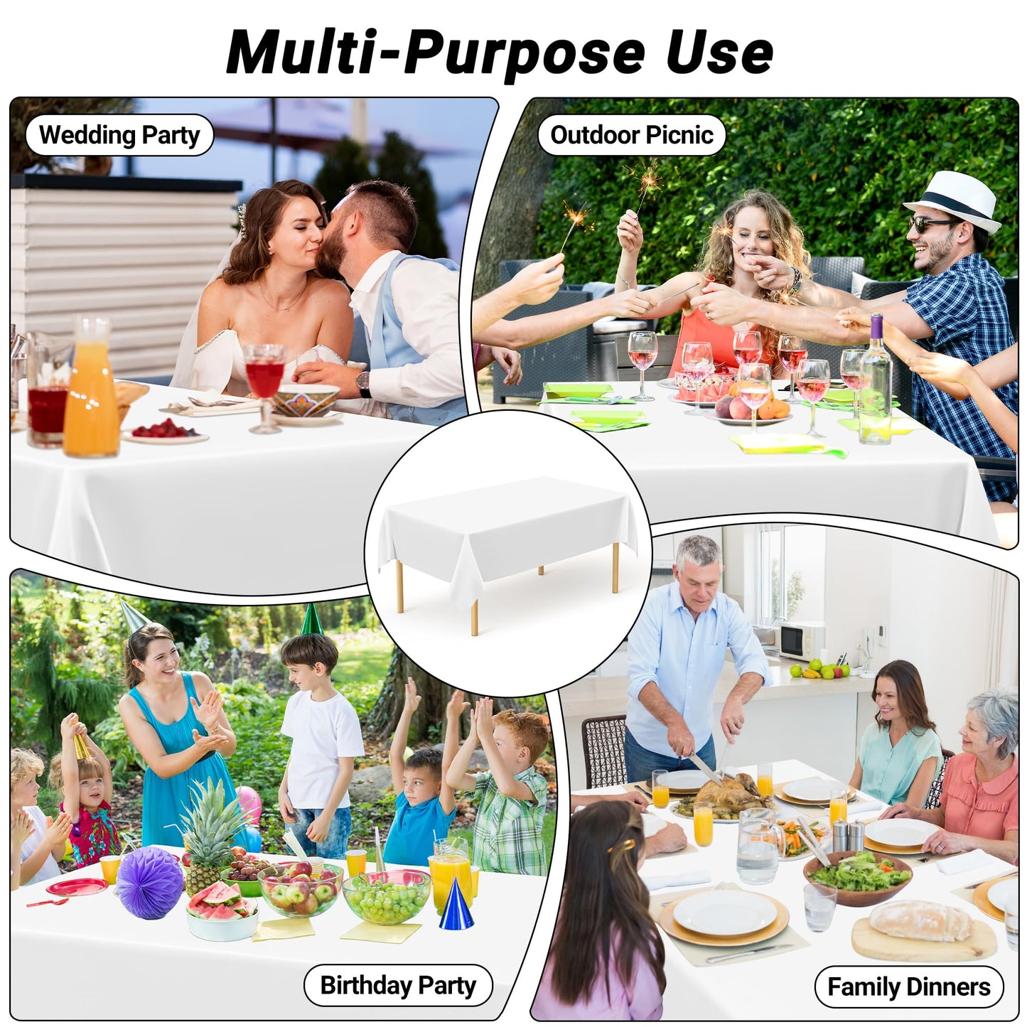 QZYL 12 Packs Disposable White Plastic Table Cloths, 54 X 108 Inches Dining Table Cloth, Plastic Tablecloths for Rectangle Tables, Quick Setup and Cleanup for Parties Picnic, Wedding and Outdoor