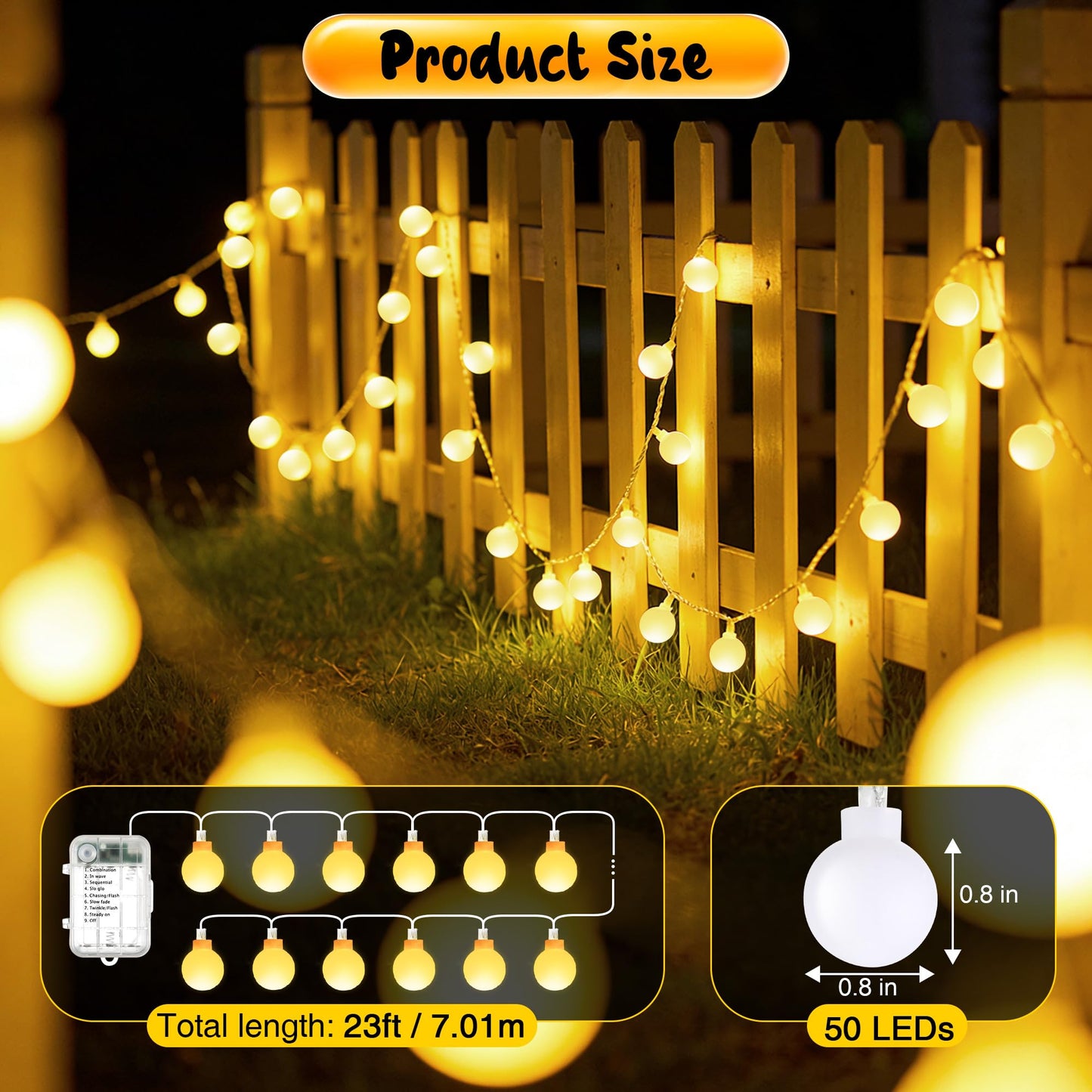 Enhon 1 Pack 23 ft 50 LED Battery Operated String Lights, Globe Starry Fairy Lights, 8 Modes, Plug in with Timer for Indoor Outdoor Bedroom Holiday Wedding Party Christmas Decor (Warm White)