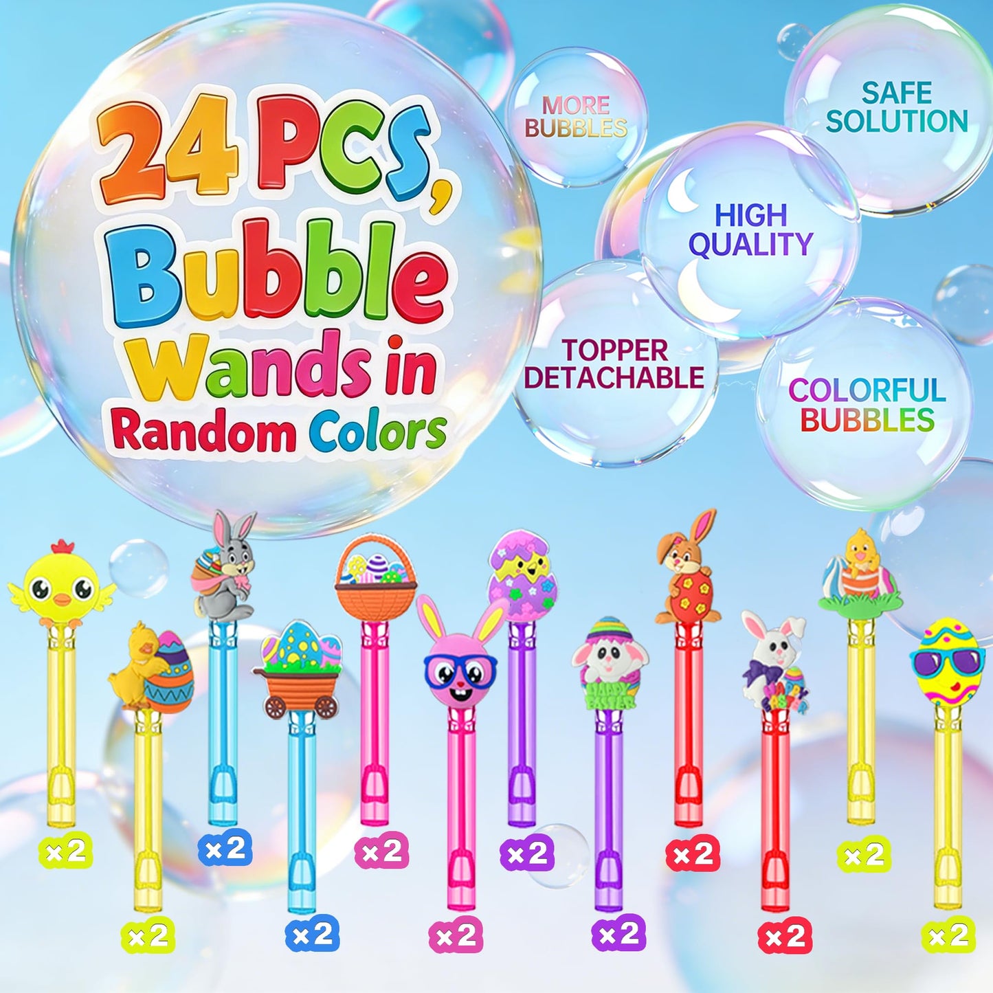 24 Pcs Easter Bubble Wands - Bunny, Chick & Easter Egg Themed Bubble Makers, Piñata Stuffers & Goodie Bag Fillers for Easter Party Favors, Egg Hunt Supplies & Spring Outdoor Activities