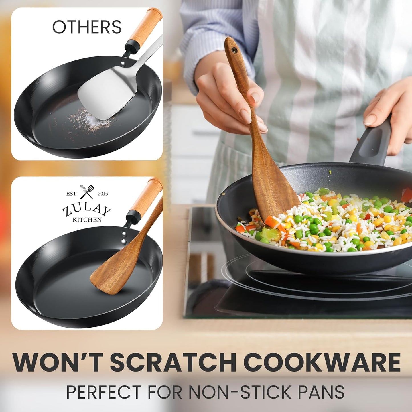 Zulay Kitchen 9-Piece Teak Wooden Utensil Set - Natural Non-Stick Cooking Tools in Premium Gift Box