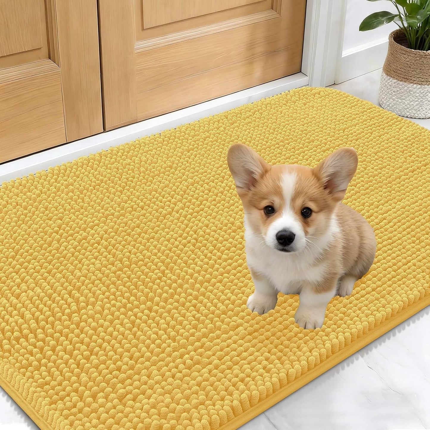 OLANLY Dog Door Mat - Absorbent Non-Slip Chenille Mat for Muddy Paws | 24x16, Quick Dry, Yellow