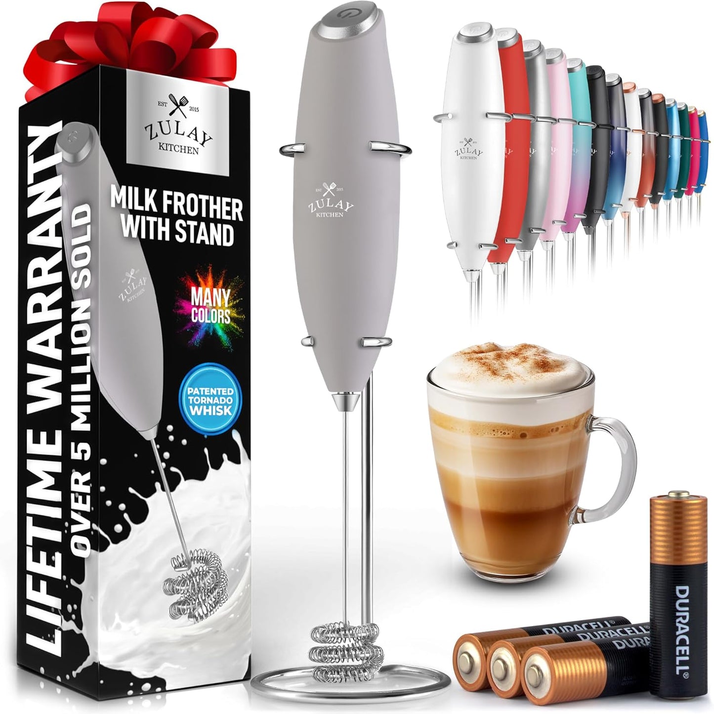 Zulay Kitchen Tornado Triple Whisk Milk Frother - Handheld Foam Maker for Coffee & Lattes | Steel Gray, 4 Batteries Included