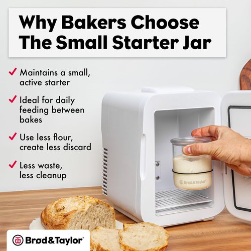 Brod & Taylor Small Sourdough Starter Jar (12oz) Less Discard Waste, 100% Dishwasher Safe, Measurement Markings, and Height Marker (Durable Glass Jar, BPA-Free)