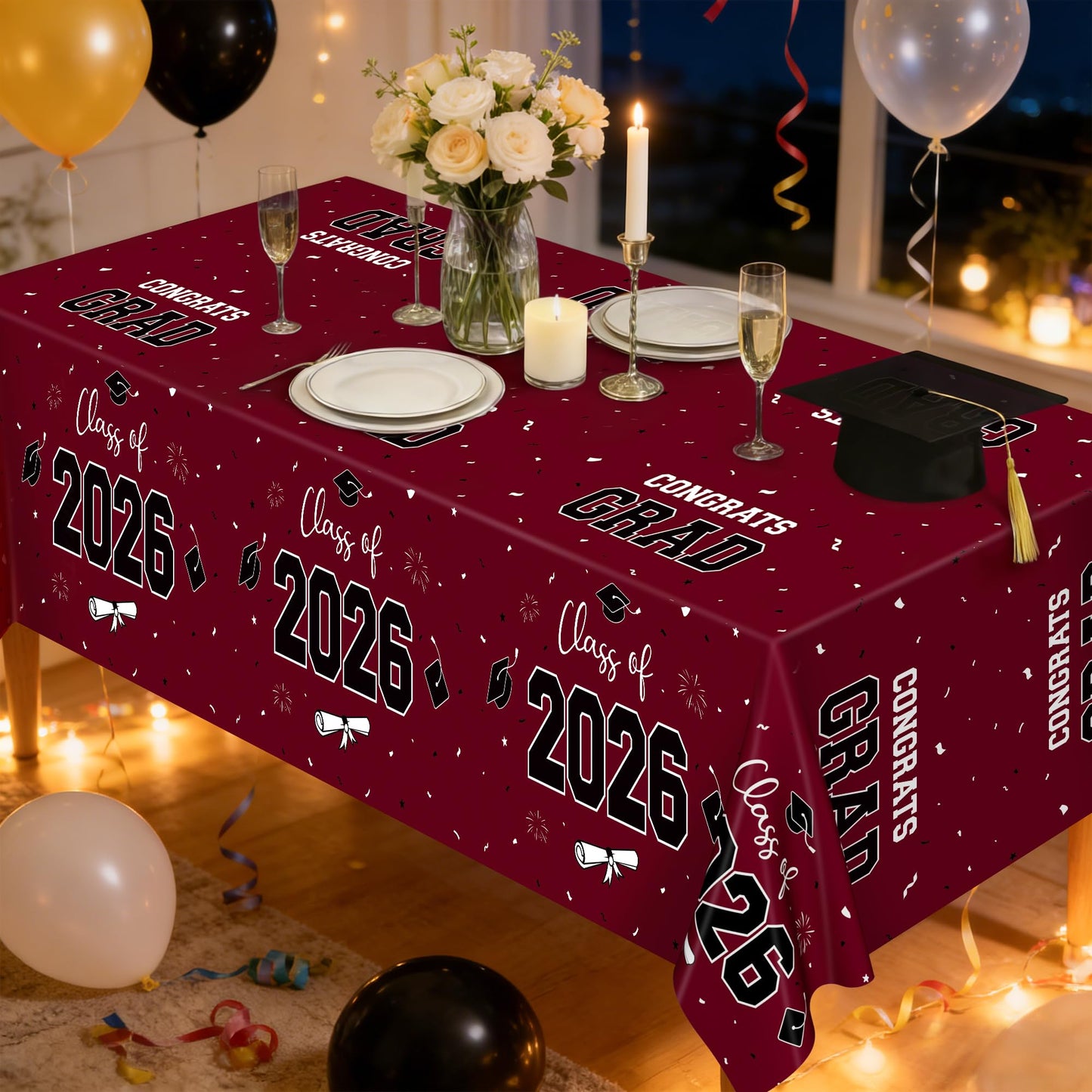QZYL 4 Pack Graduation Table Decorations 2026, 54" x 108" Maroon Graduation Table Cloths, Disposable Grad Party Decorations for Class of 2026 Congrats Grad, Rectangle Plastic Tablecloth for College