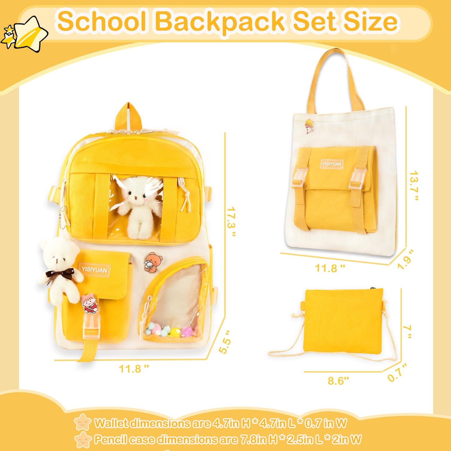 Lifelix Kawaii Backpack for Girls 5 Pcs School Bookbag Cuet Kids Schoolbag with Accessories Crossbody Bags Pencil Case Handbag Coin Purse (Yellow)