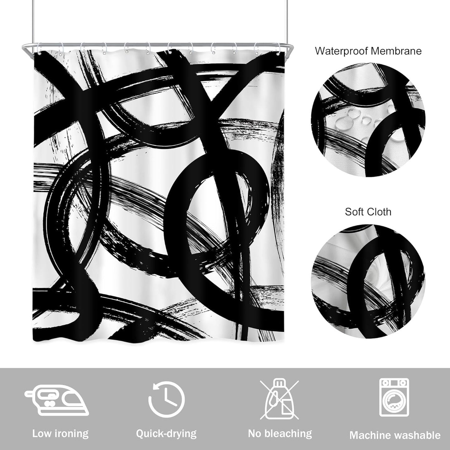 Newsely Black & White Abstract Shower Curtain - Modern Minimalist Design | 60"x72" Waterproof Bath Decor
