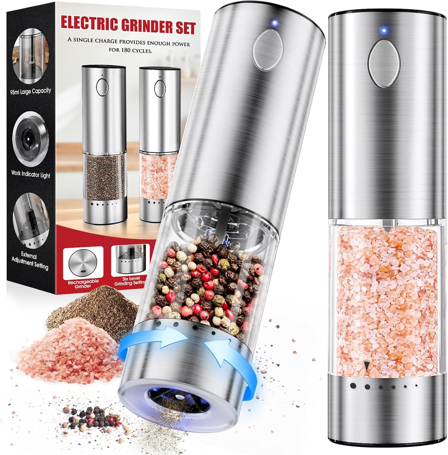 WOWBOX Electric Salt and Pepper Grinder Set - 2 PCS Stainless Steel, Rechargeable with 95L Capacity