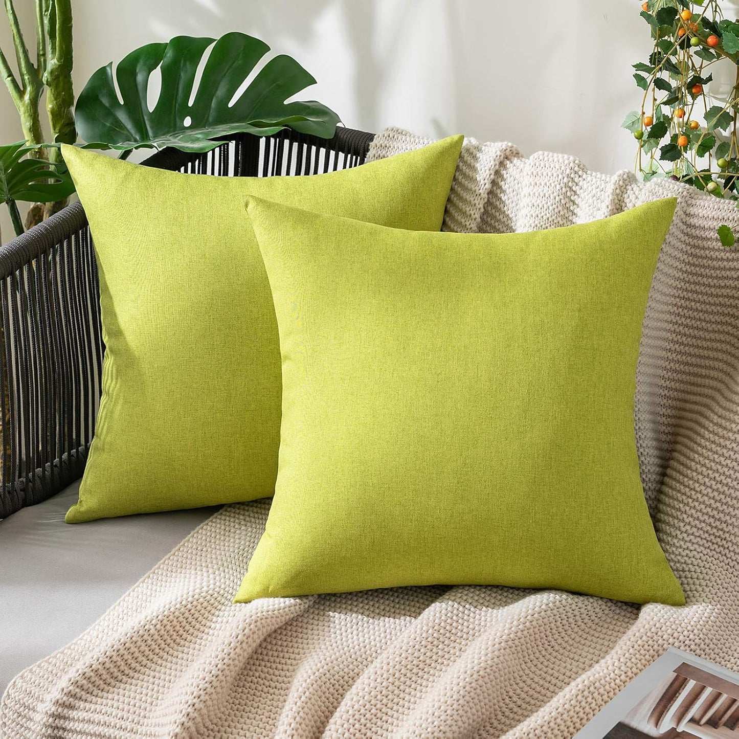 MIULEE Decorative Outdoor Throw Pillow Covers - Waterproof Faux Linen Cushion Cases | 16x16 Inch Green (Pack of 2)