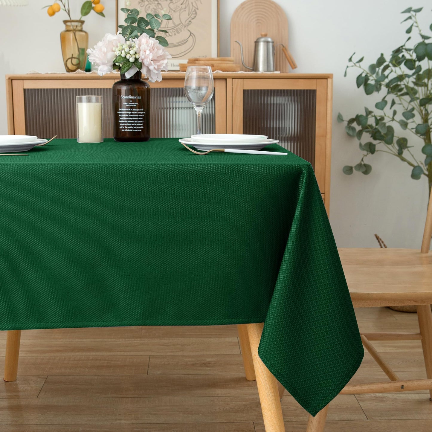 Biscaynebay Textured Fabric Christmas Square Table Cloth 60x60 Inch, Hunter Green Water Resistant Spill Proof Tablecloths for Dining, Kitchen, Wedding and Parties etc. Machine Washable