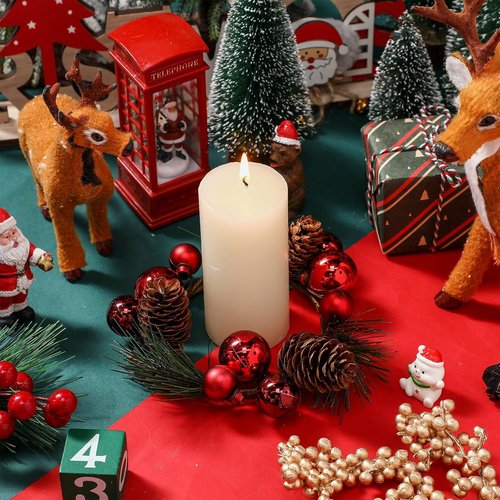 FoldTier Christmas Candle Rings - 4 Pcs Artificial Red Berries & Pine Needles Garland | Rustic Table Centerpieces
