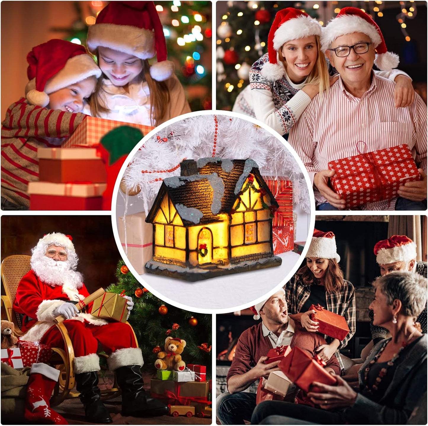 Skiennix Christmas Village House Set - 4 Pcs Resin Collectible Buildings with LED Lanterns for Holiday Decor