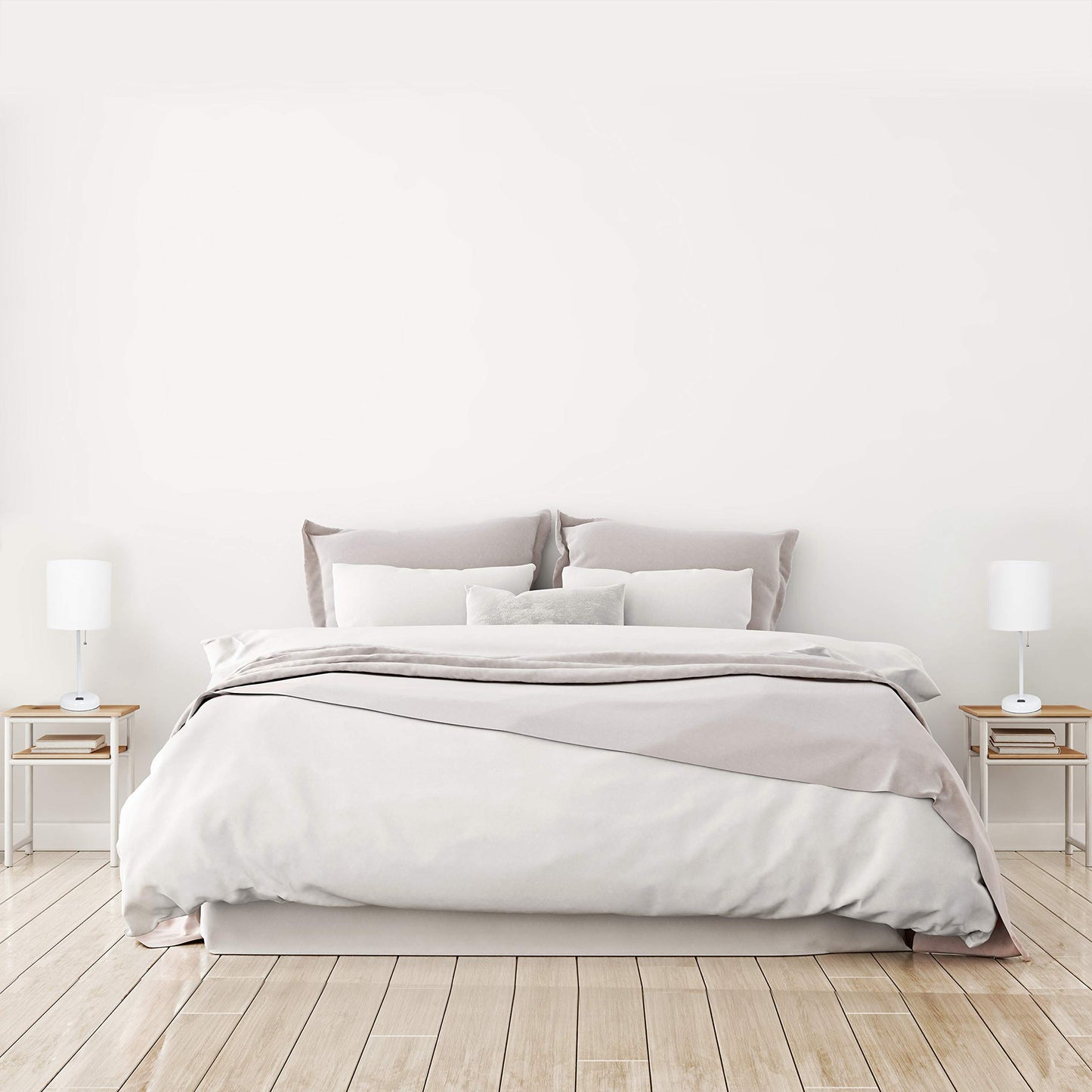 Simple Designs LC2002-WOW-2PK White Stick Table Lamp Set with USB Charging Port and White Fabric Shades, 2 Pack Set