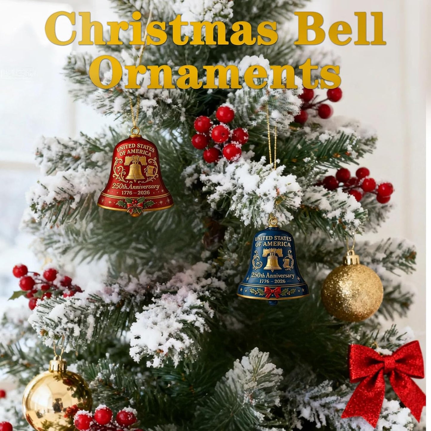 USA 250th Anniversary Bell Ornament - 3D Vintage Metal Design for Patriotic Holidays | Set of 2 Red & Blue