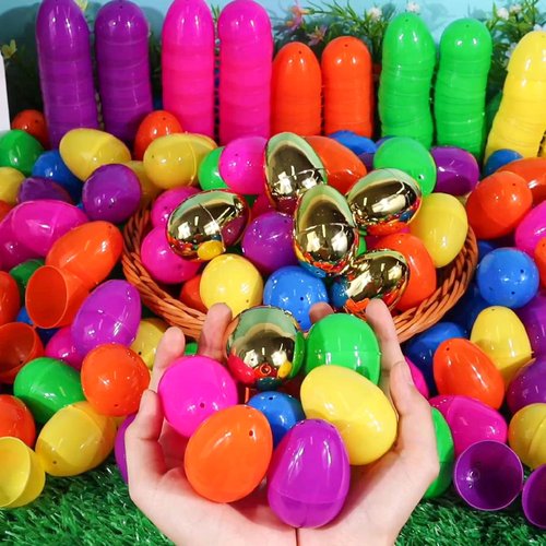 FLYSNK 50 Pack 3 Inch Large Easter Eggs Bulk Include 6 Surprise Golden Eggs, Bright Colors Fillable Plastic Easter Egg Empty for Easter Hunt, Easter Basket Stuffers Fillers Party Favors