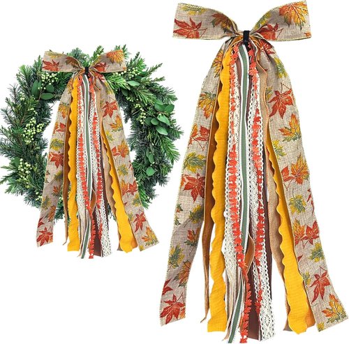 Fall Ribbon Bow - Large Orange Maple Leaves Fabric Ribbons Set | Assorted Lace Clip-On Wreath Decor