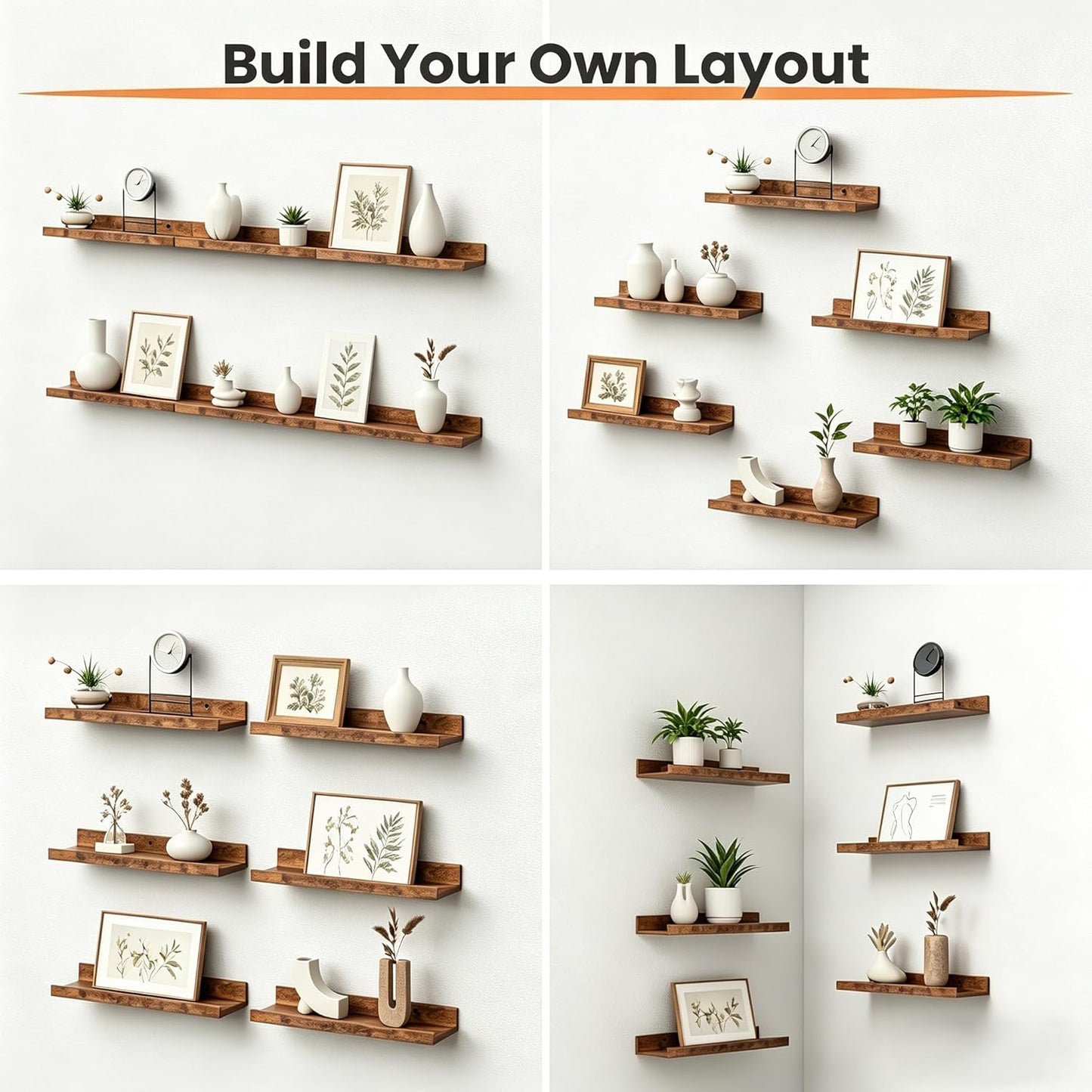 Upsimples Floating Wall Shelves - Set of 6 Decorative Wood Shelves for Bedroom, Living Room, Bathroom & Kitchen - Brown