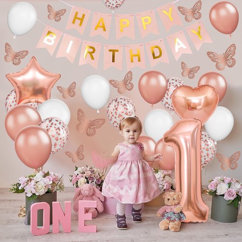 1st Birthday Decoration for Girls, Rose Gold 1st Birthday Balloon, Rose Gold Number 1 Balloon with Butterfly Stickers, Star Heart Foil Balloons Banner Set for Baby 1 Year Old Birthday Party Decor