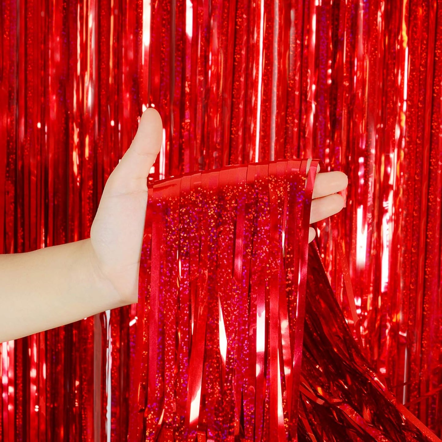 Red Foil Fringe Curtain | 3 Pack 3.2 x 8.2 Ft Shiny Tinsel Backdrop for Party Decor & Photo Booth