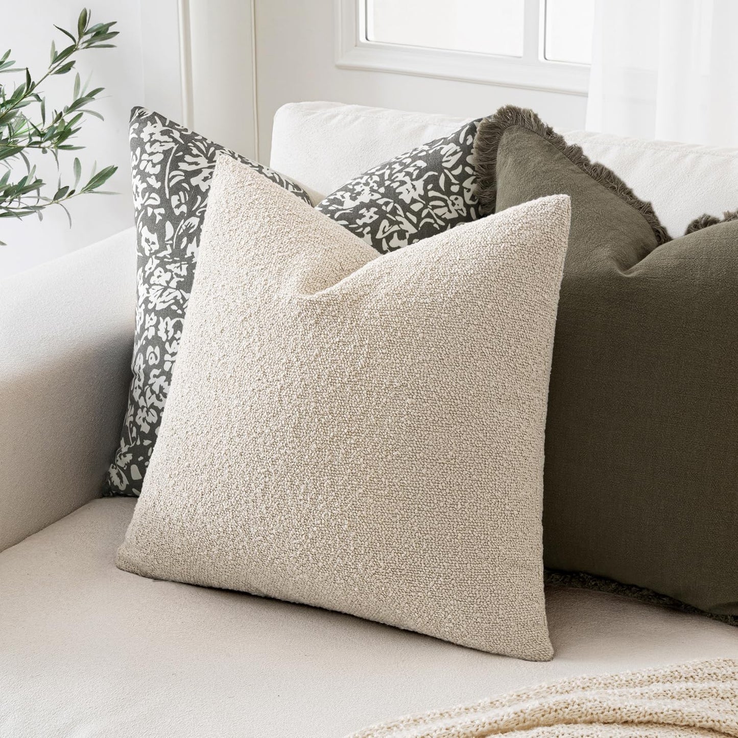 MIULEE Decorative Pillow Covers - Textured Boucle Set of 2 | 20x20 Inch Natural Beige & Ivory Accent for Couch & Bed