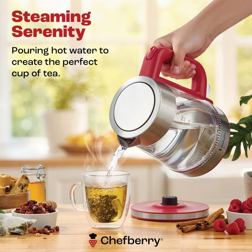 Electric Kettle for Boiling Hot Tea & Water | 1.7L Stainless Steel Borosilicate Glass Boiler With No Plastic, Automatic Shutoff, BPA Free, Fast Heating Technology (Red)