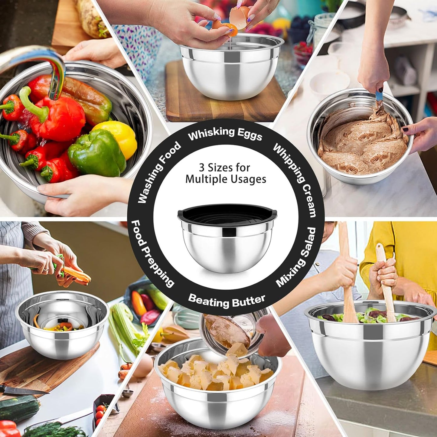 P&P CHEF Mixing Bowls Set - 3 Stainless Steel Bowls with Lids | Airtight, Stackable, 4.6/3/1.5 QT