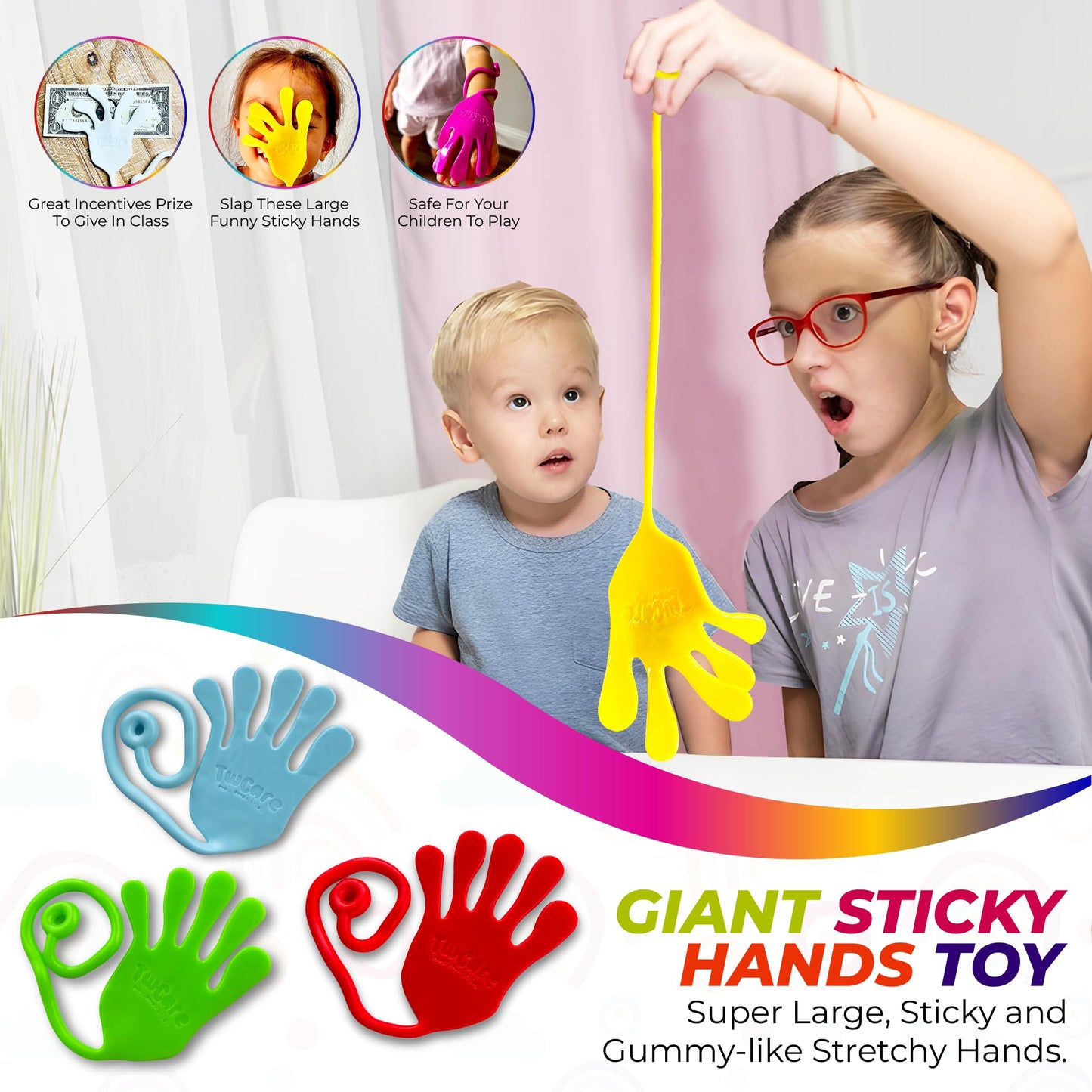 Jumbo Giant Sticky Hands, 13-in Total Length (2 Pack Assorted) Mega Large Fun Stretchy Silly String Toy for Kid Adult, Stress Anxiety ADHD Relief, Party Favors, Birthday Gift, Classroom Prizes