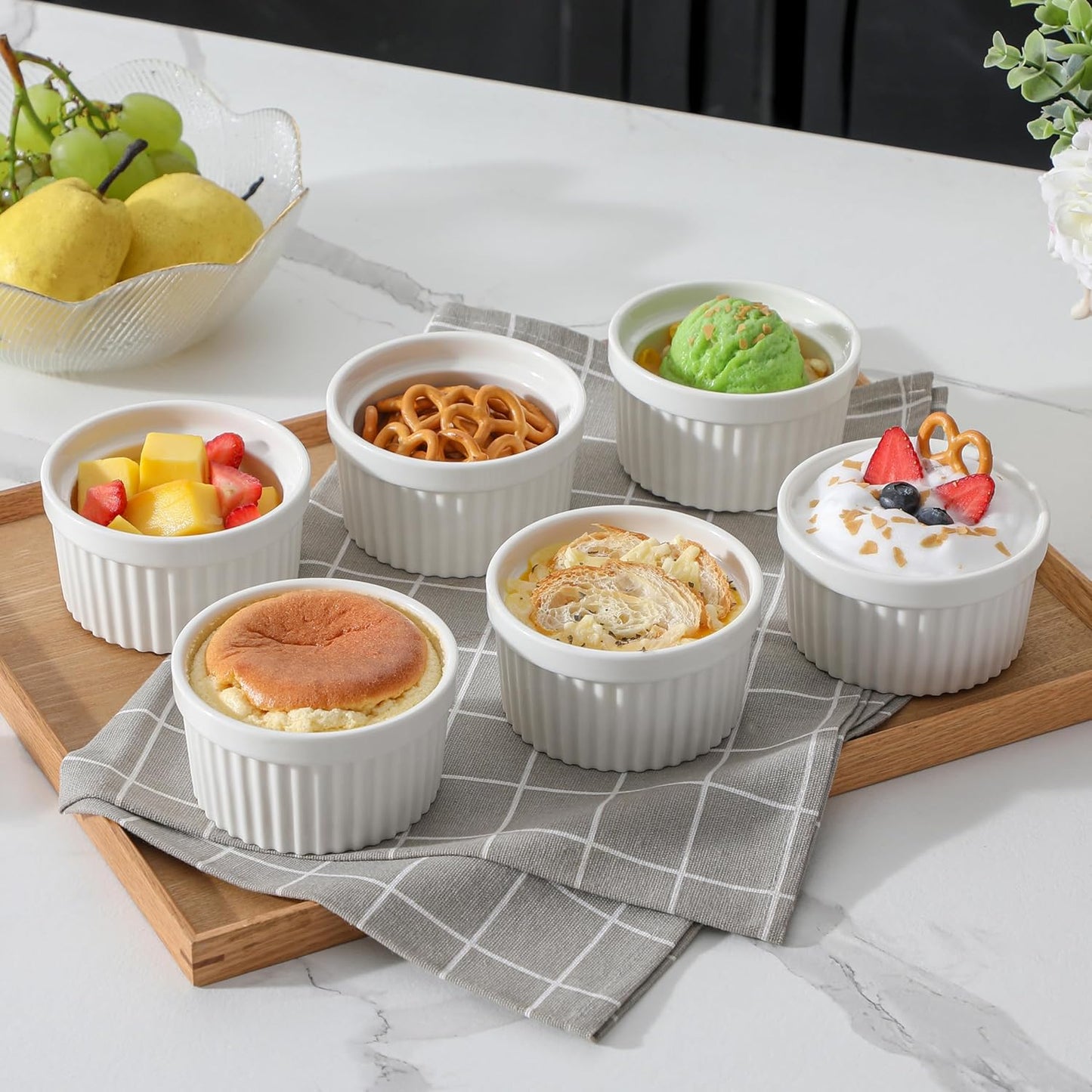 MALACASA Ramekins - 8 Oz Oven Safe Porcelain Baking Cups for Creme Brulee & Pudding | Set of 6 White