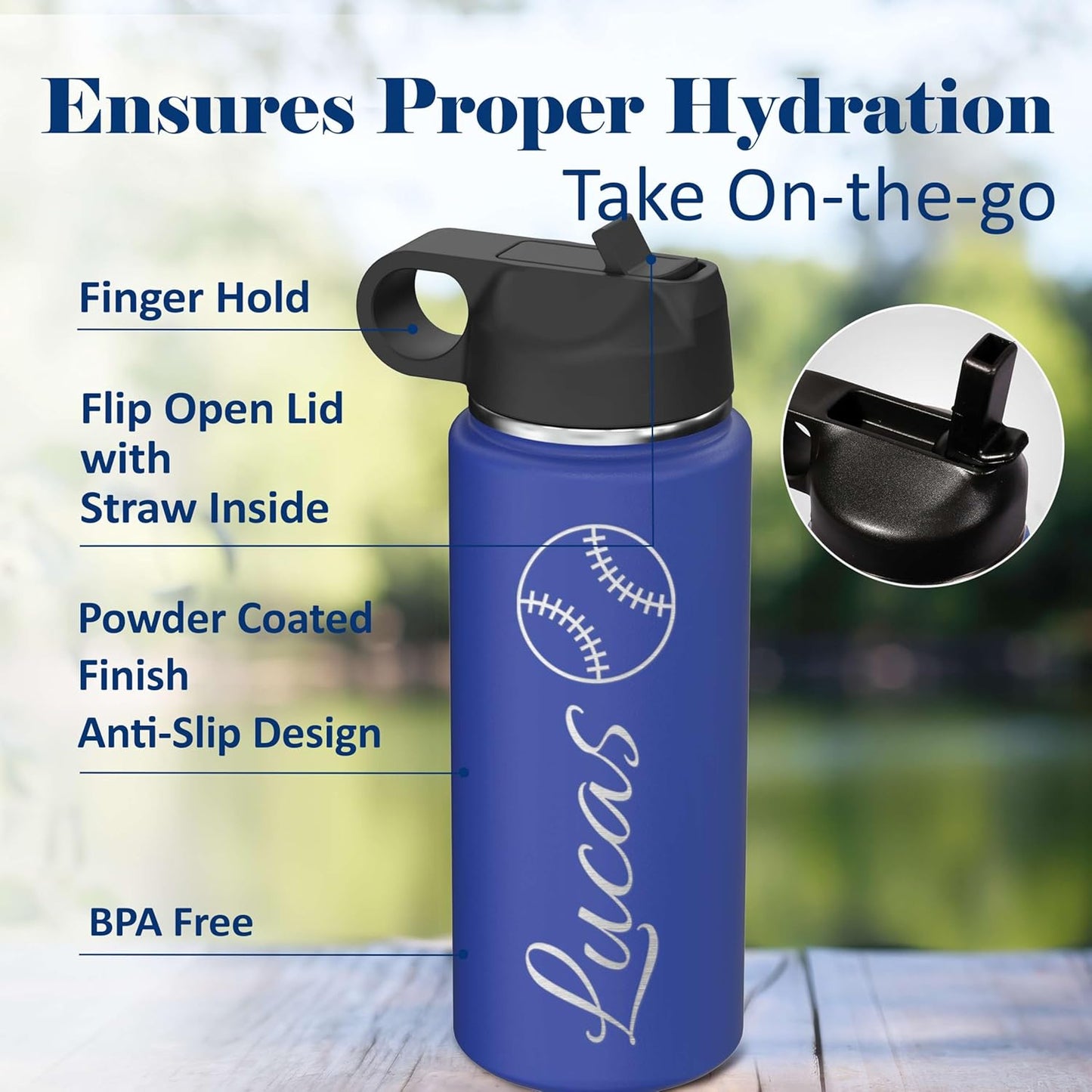 Skiennix Personalized Boys Name Insulated Stainless Steel Water Bottle - Custom Engraved 18 oz with Flip Top Lid & Straw