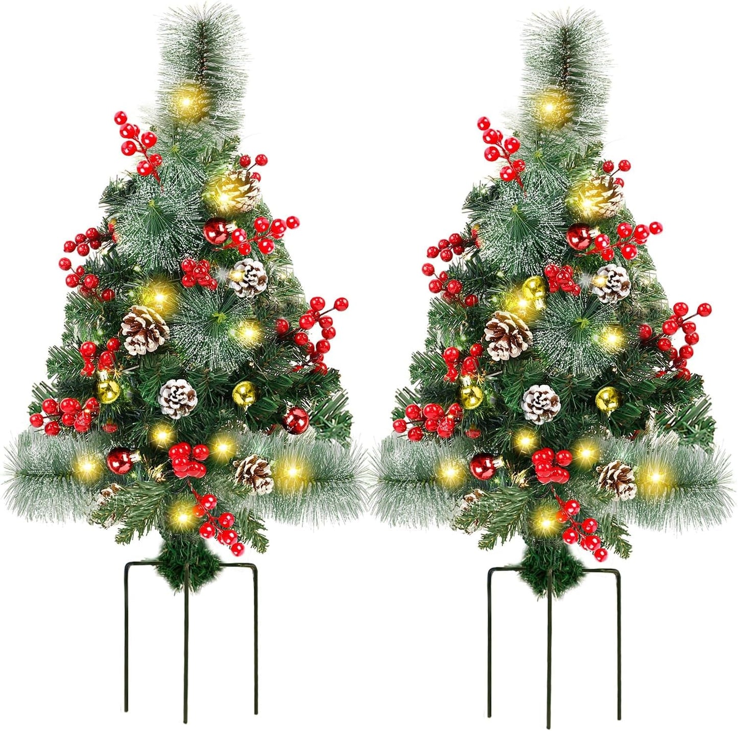 Juegoal 30-Inch Pre-Lit Pathway Christmas Trees - 2 Pack with 60 LED Lights & Ornaments | Battery Operated Holiday Décor
