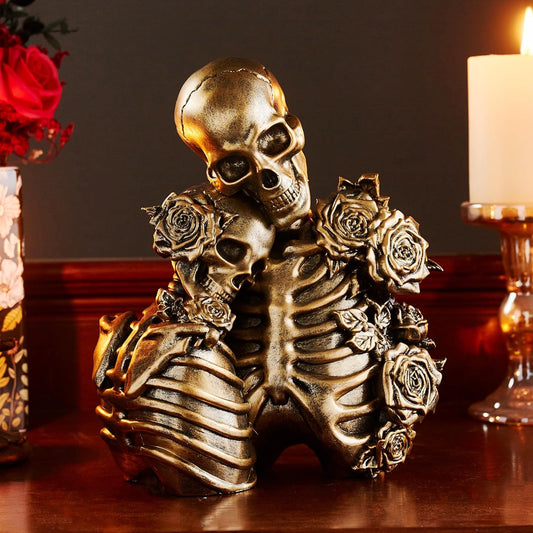 AWNR Skull Decor - Gold Skeleton Figurines | Vintage Resin Couple Statue for Halloween Home Decor