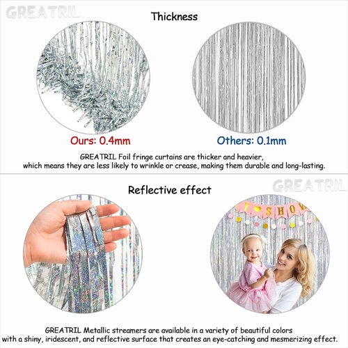 GREATRIL Silver Foil Fringe Tinsel Backdrop | Metallic Streamers for NYE, Prom & Parties - Pack of 2