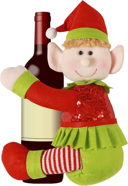 Elf | Tree Topper Christmas Decorations - Unique Plush Elf Hugger Decor for Trees & Wine Bottles - Red & Green