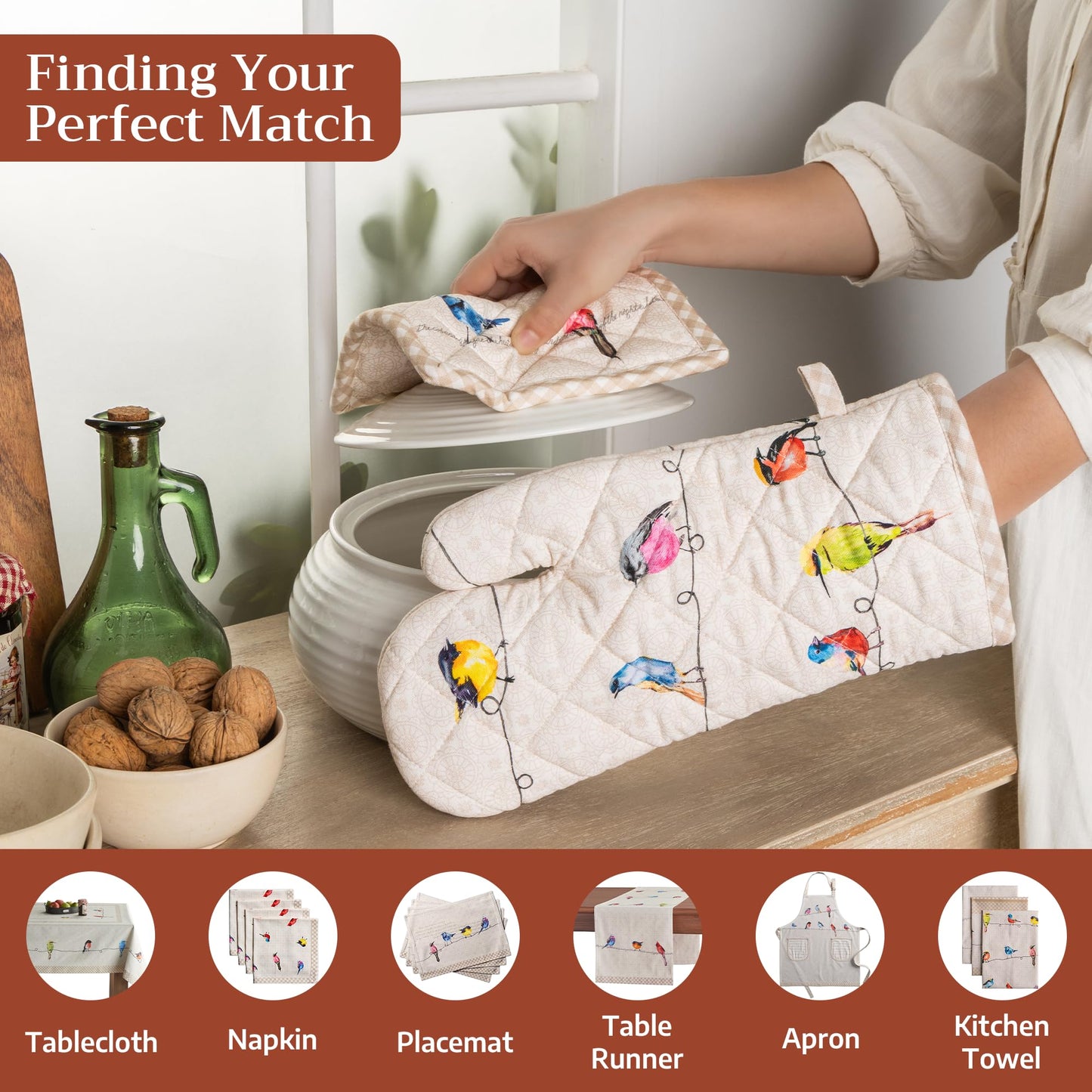 Maison d' Hermine 100% Cotton Oven Mitt & Pot Holder Set (7.5"x13" & 8"x8") Heat Resistant Cooking Gloves with Loop Baking Grilling Kitchen Gifts for Mothers Day Spring/Summer (Birdies on Wire)