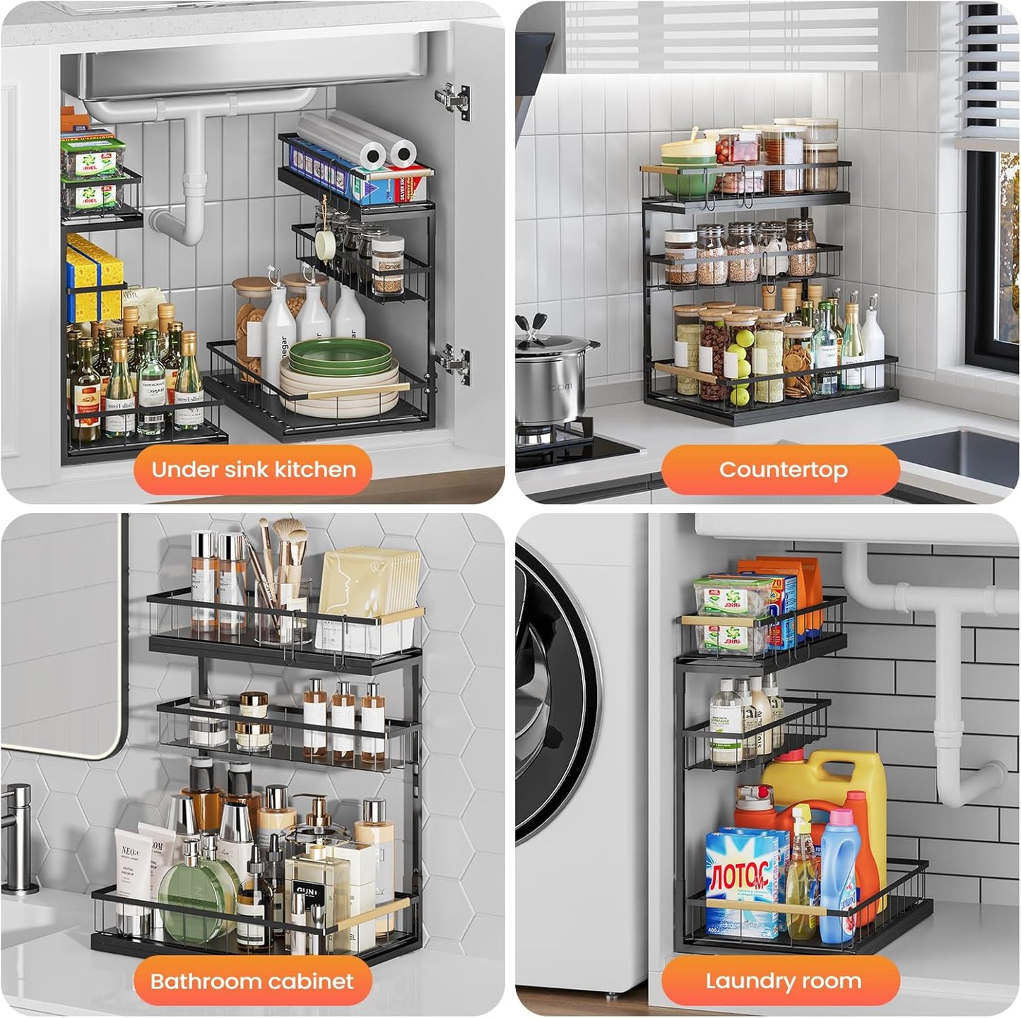 Under Sink Organizer by [Brand Name] - 3-Tier Pull-Out Shelf Storage for Bathroom & Kitchen - 2 Pack