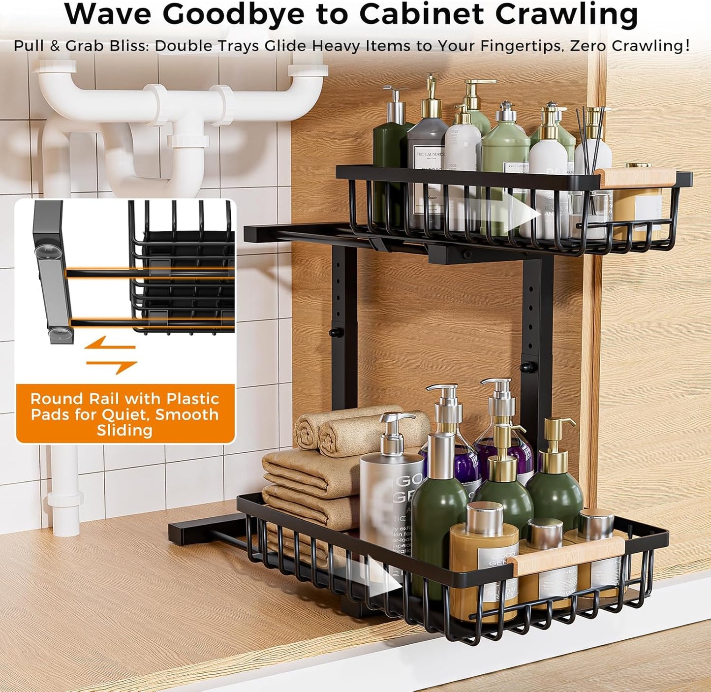 Skiennix Under Sink Organizer - 2 Tier Sliding Storage Solution | Height Adjustable, Anti-Rust, Black