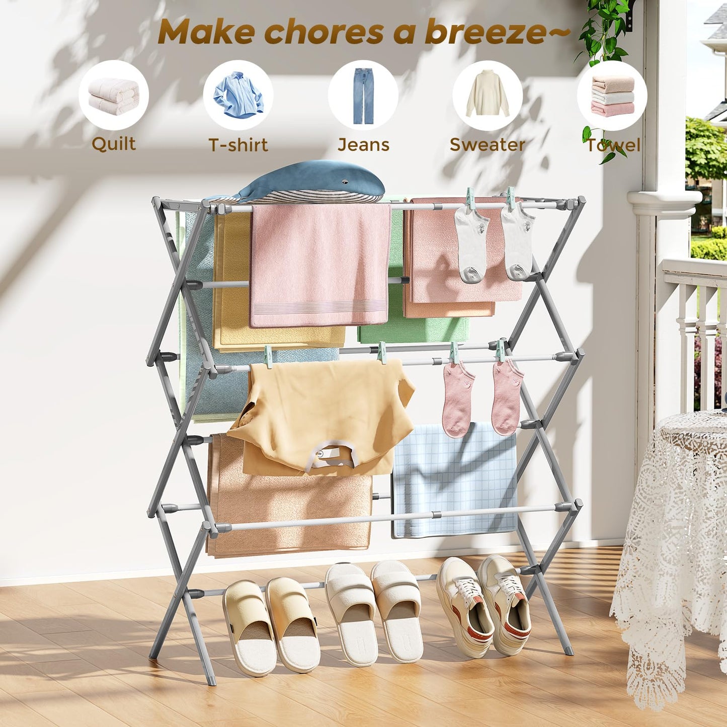 KINGBOARD Clothes Drying Rack, Collapsible Drying Rack Clothing with 11 Poles, 3-Tier Laundry Drying Rack, Small Clothes Drying Rack Foldable for Baby Clothes, 25lb Capacity, White & Grey