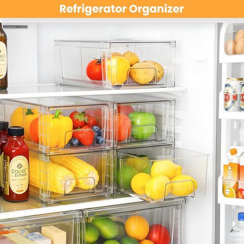 Clear Acrylic Fridge Organizer - 4 Pack Stackable Storage Drawers with Handles | Easy Assembly for Kitchen & Bathroom