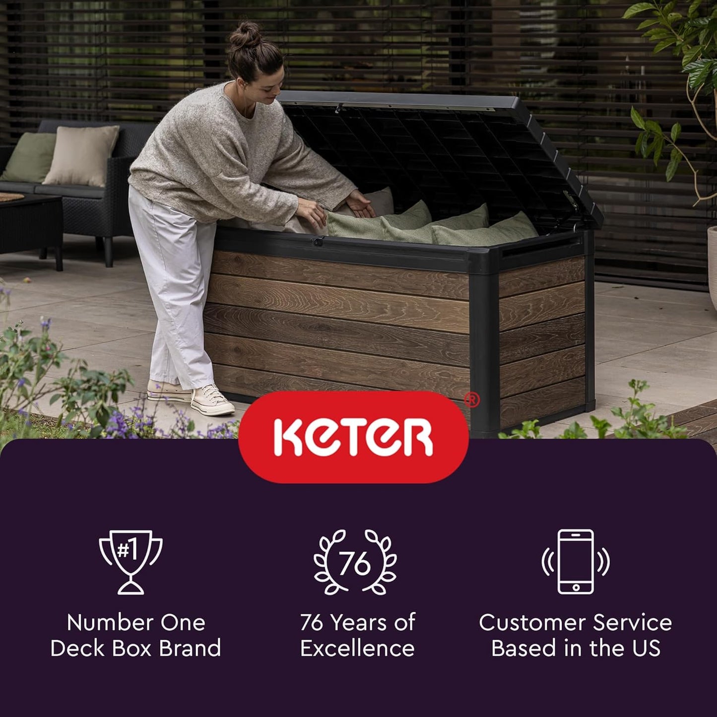 Keter Kentwood 50 Gallon Resin Deck Box - Stylish Storage for Patio Cushions & Garden Tools | Dark Grey