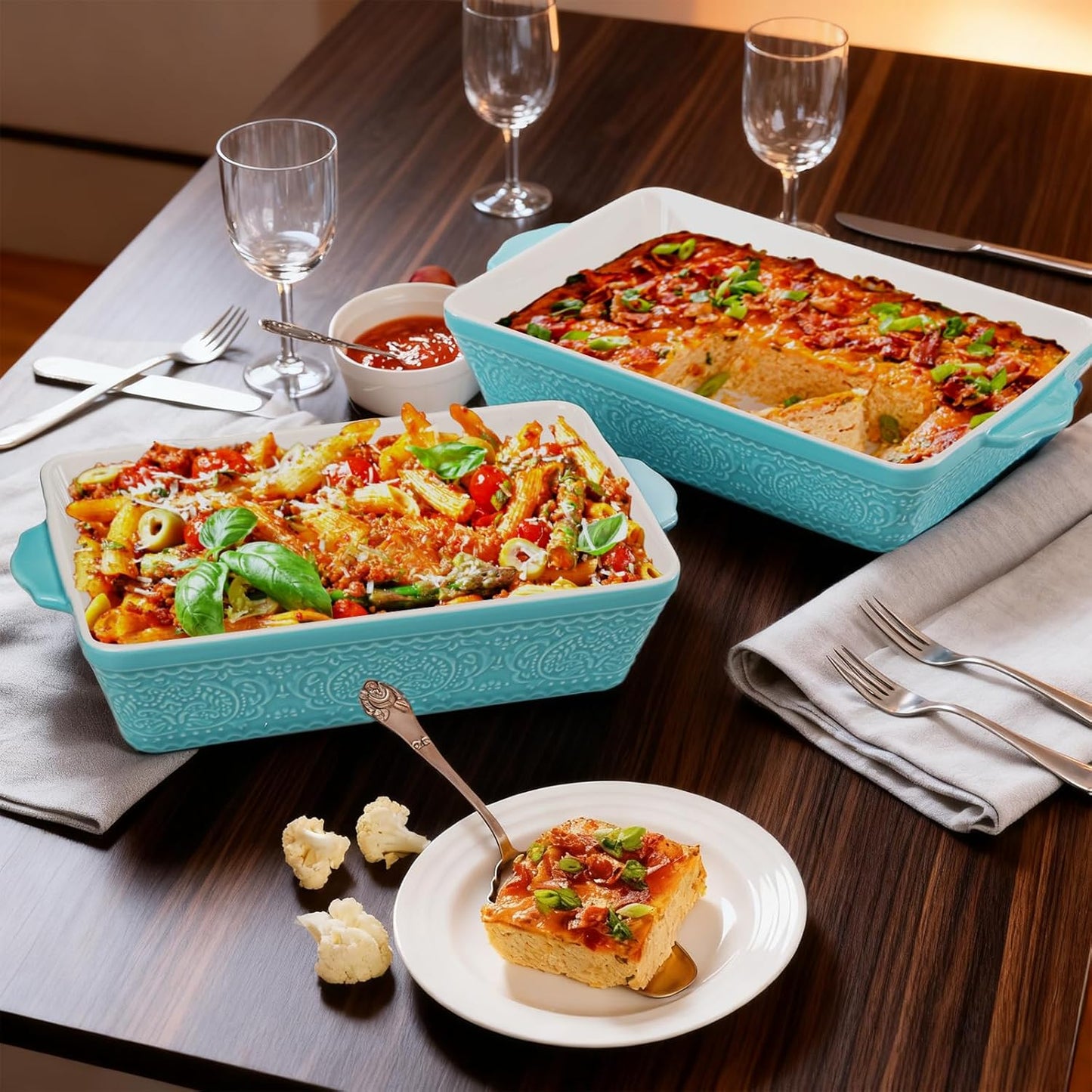 SOUJOY Ceramic Baking Dish Set - Non-Stick Rectangular Casserole Dishes with Sturdy Handles | Turquoise, Set of 3