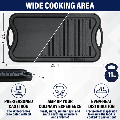 CHEFSPOT Griddle Pan for Stove Top – 20" Reversible Cast Iron Double Burner Griddle Plate, Multi-Use Preseasoned Pancake Pan with Handles - Works on most Stovetops, Grills, and Fire
