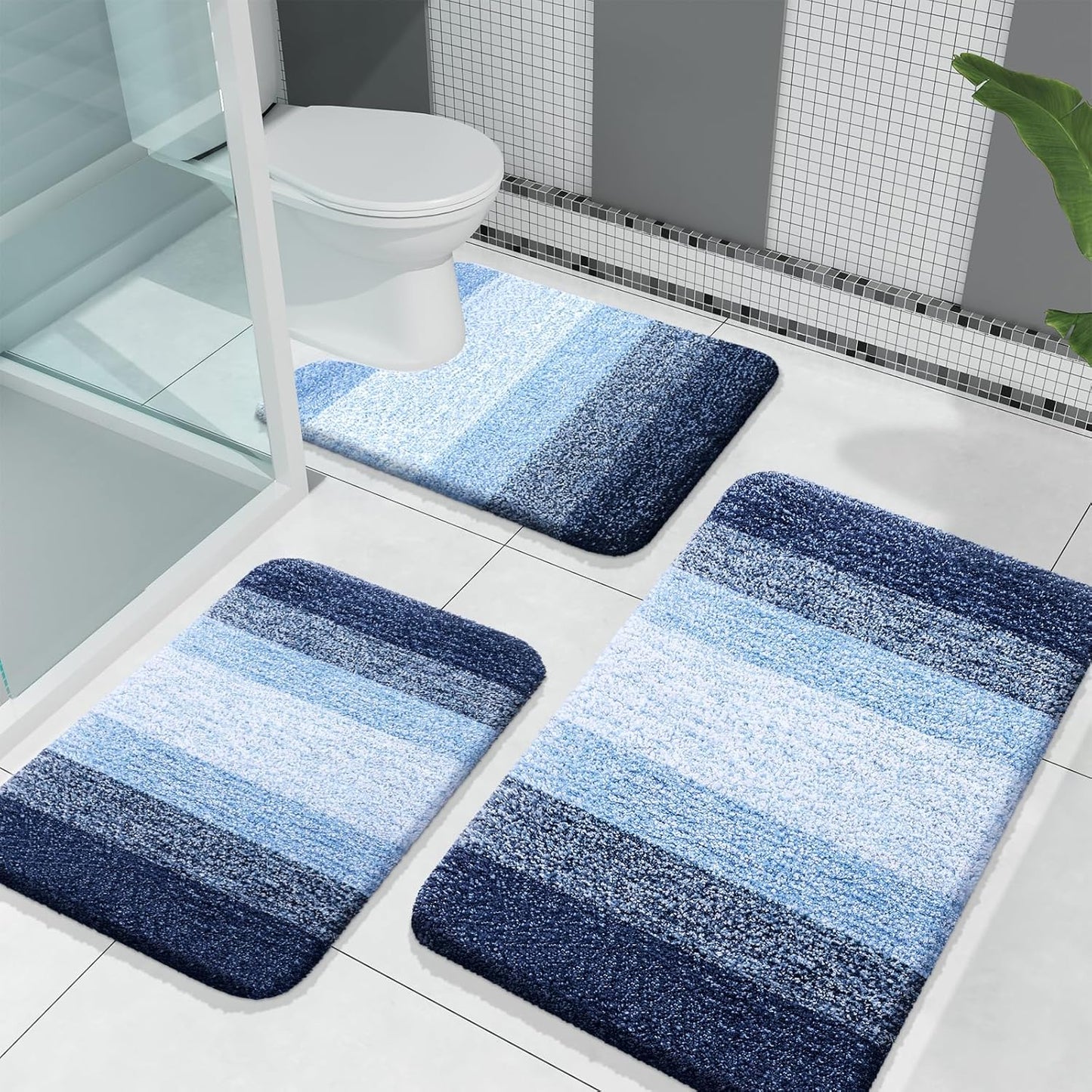 OLANLY Bathroom Rugs Set - Soft Absorbent Microfiber Mats & U-Shaped Contour Rug | Navy, 3-Piece Set (30"x20"+24"x16"+24"x20")