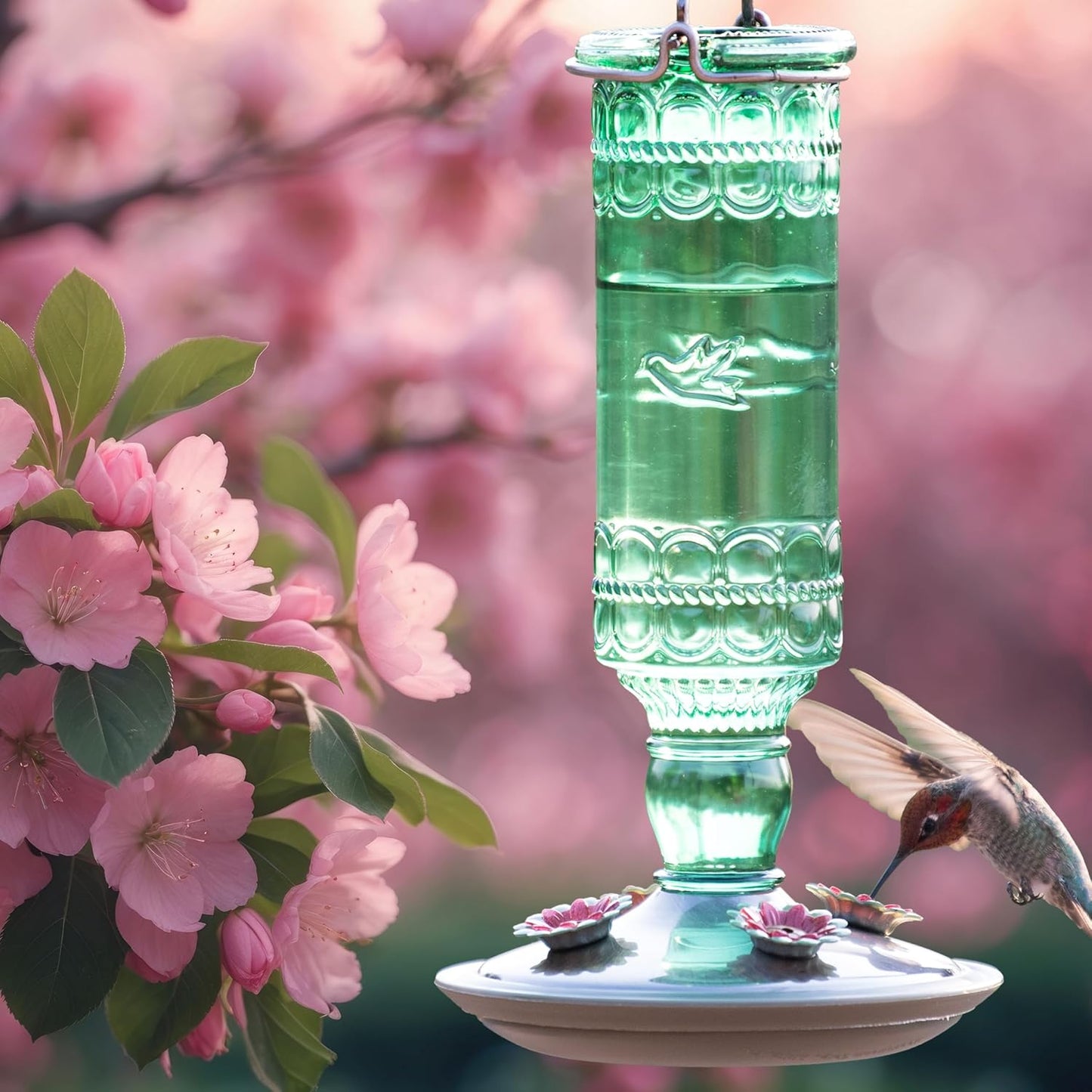 Perky-Pet Hummingbird Feeder - Durable Glass Bottle with 10 Fl Oz Nectar Capacity | Antique Green Design for Outdoor Garden Decor