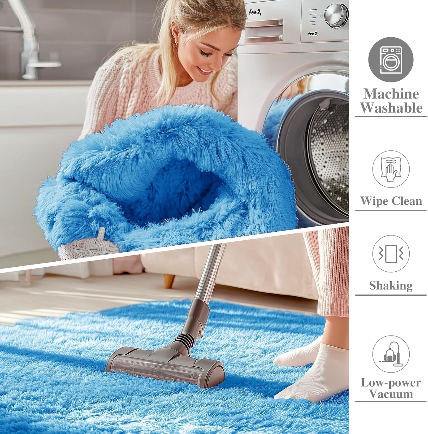 OLANLY Small Bedside Rug - Soft Fluffy Shaggy Indoor Carpet for Bedroom & Living Room | Bright Blue