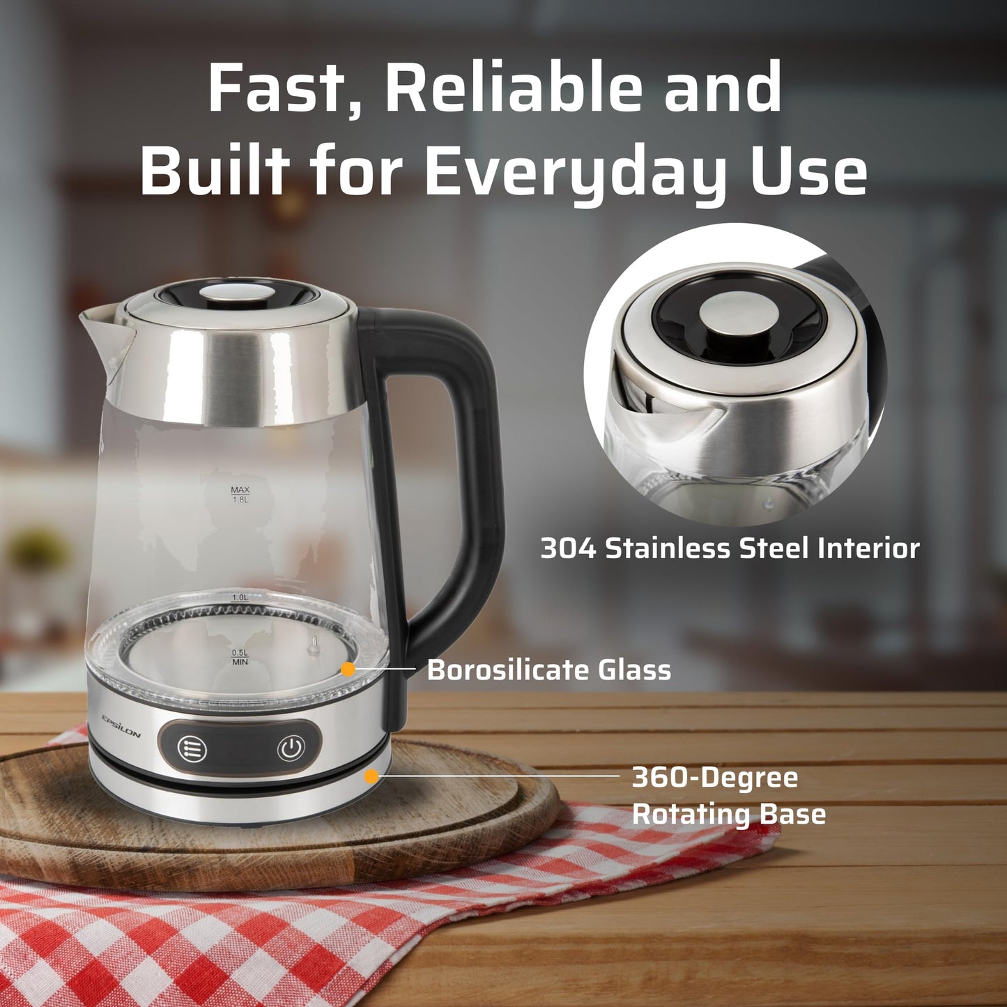 Epsilon 1.8L Glass Electric Kettle – Hot Water Tea Kettle with Borosilicate Glass & Stainless Steel, Auto Shut-Off, Fast Boil 1100W Electric Teapot, BPA-Free, Cool Touch Base
