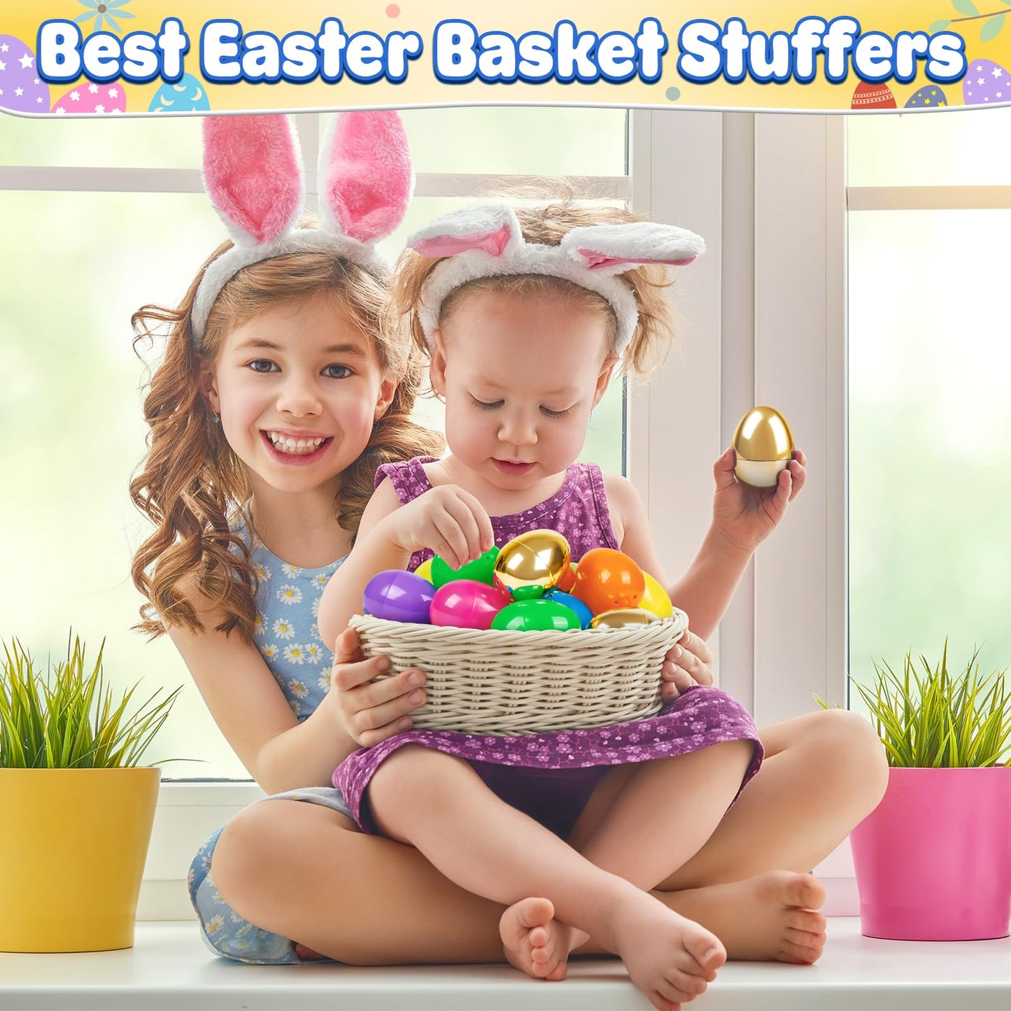 Birebebys 50 PCS 2.4"" Plastic Easter Eggs, 42 Pcs Empty Easter Eggs with 8 Golden Eggs, Fillable Egg with Hinge for Easter Hunt, Basket Stuffers, Classroom Prizes, Party Favors Supplies
