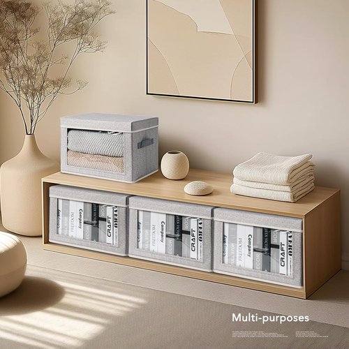 Homsorout Foldable Storage Bins with Lids - Organize Clothes & Essentials | Light Grey, 4 Pack