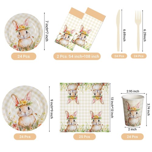 Childom Easter Party Supplies Decorations,147 Pcs Easter Decorations Disposable Tableware Set,Bunny Themed Dinnerware with Plastic Tablecloth Knives Fork,Paper Plates Napkin Cups for Birthday,Parties
